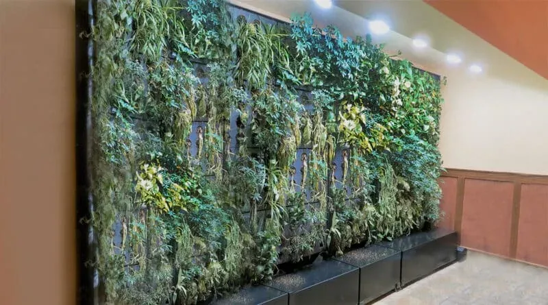 Mur végétal avec modules de substrat, éclairage pour plantes et bac technique