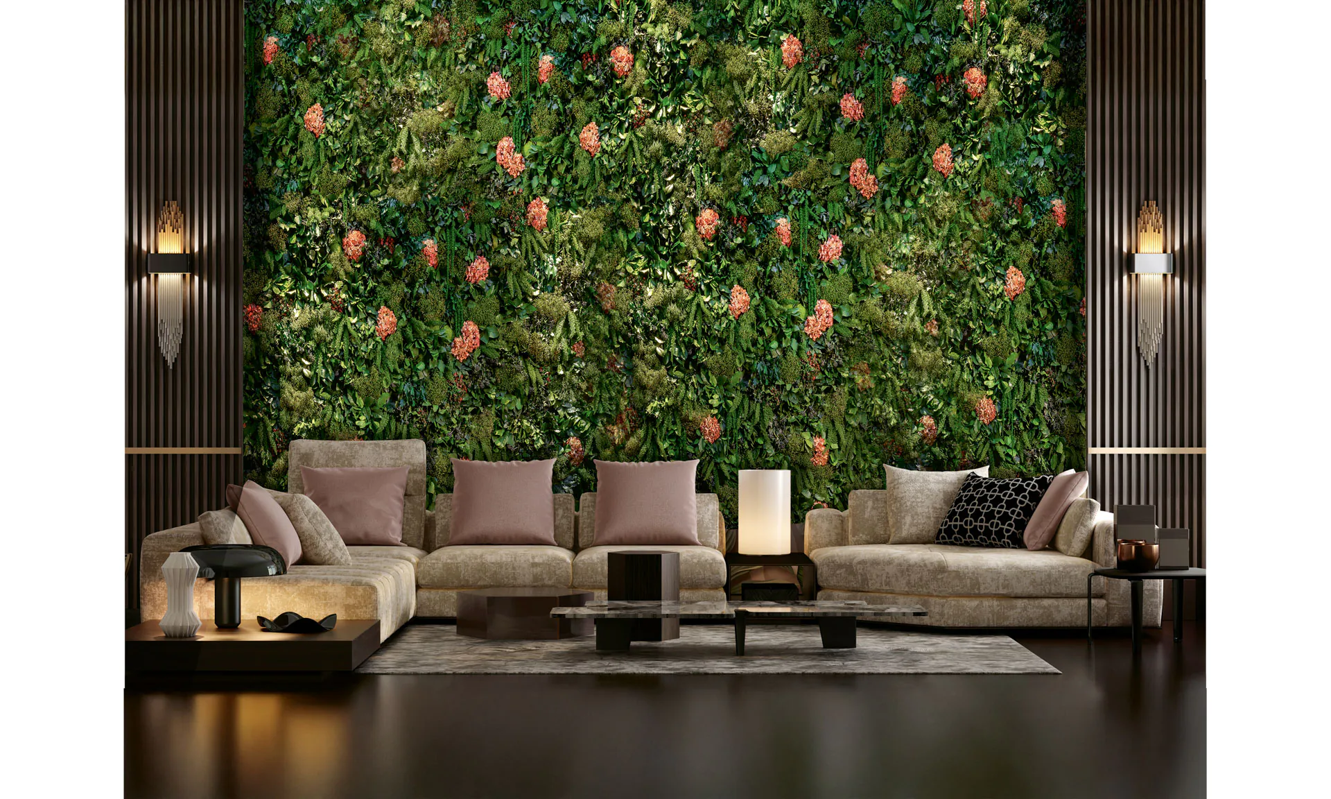 Mur végétal « Luxus Lounge Blütenmoos » — Aménagement végétal mural par MOOSMOOS