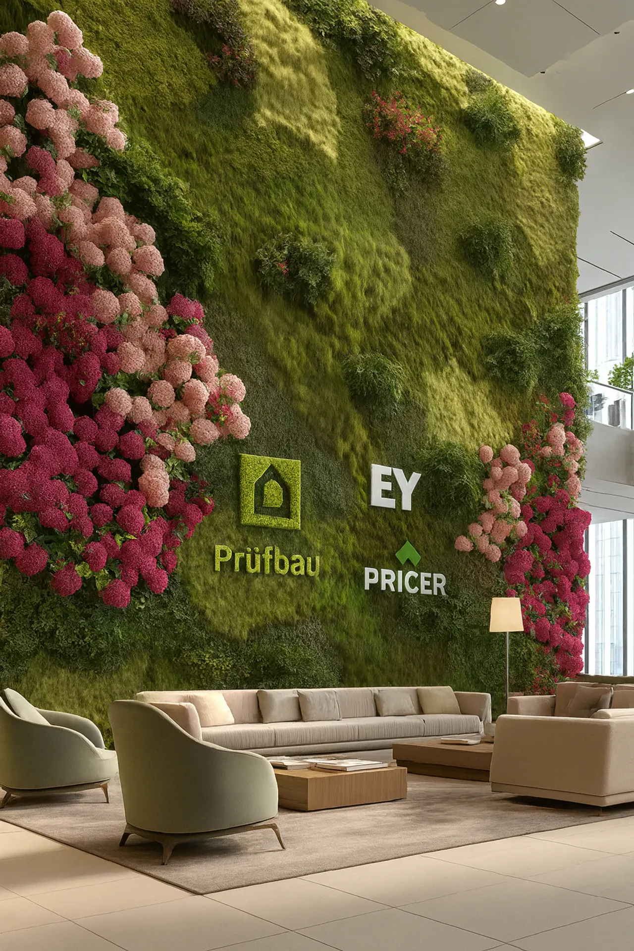 Mur végétal du hall d’accueil de l’entreprise Prüfbau Ey Pricer — Aménagement végétal mural par MOOSMOOS