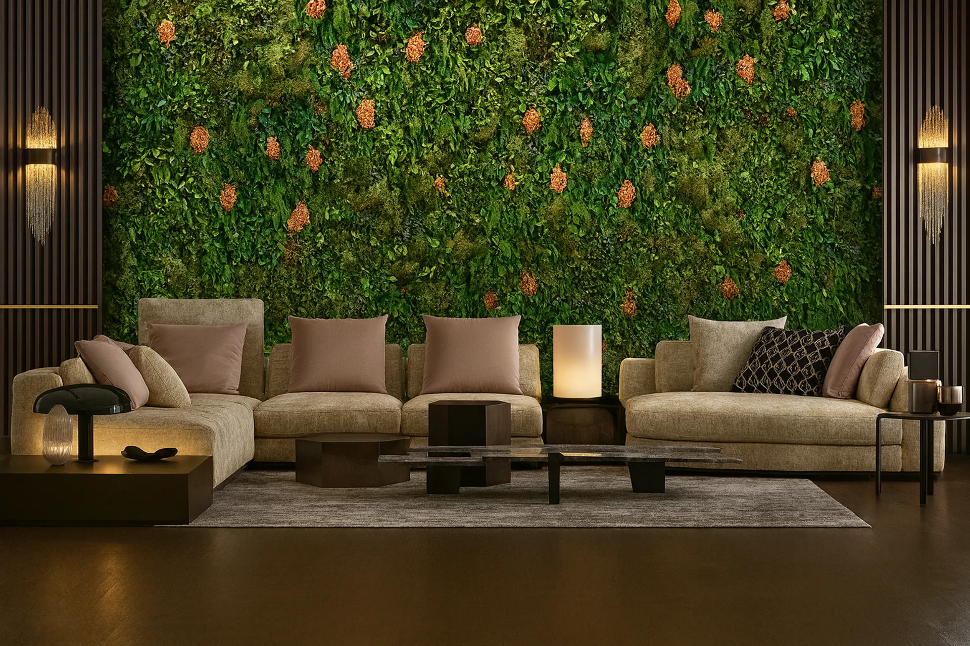 Mur végétal dans le salon – Décoration moderne — Aménagement végétal mural par MOOSMOOS