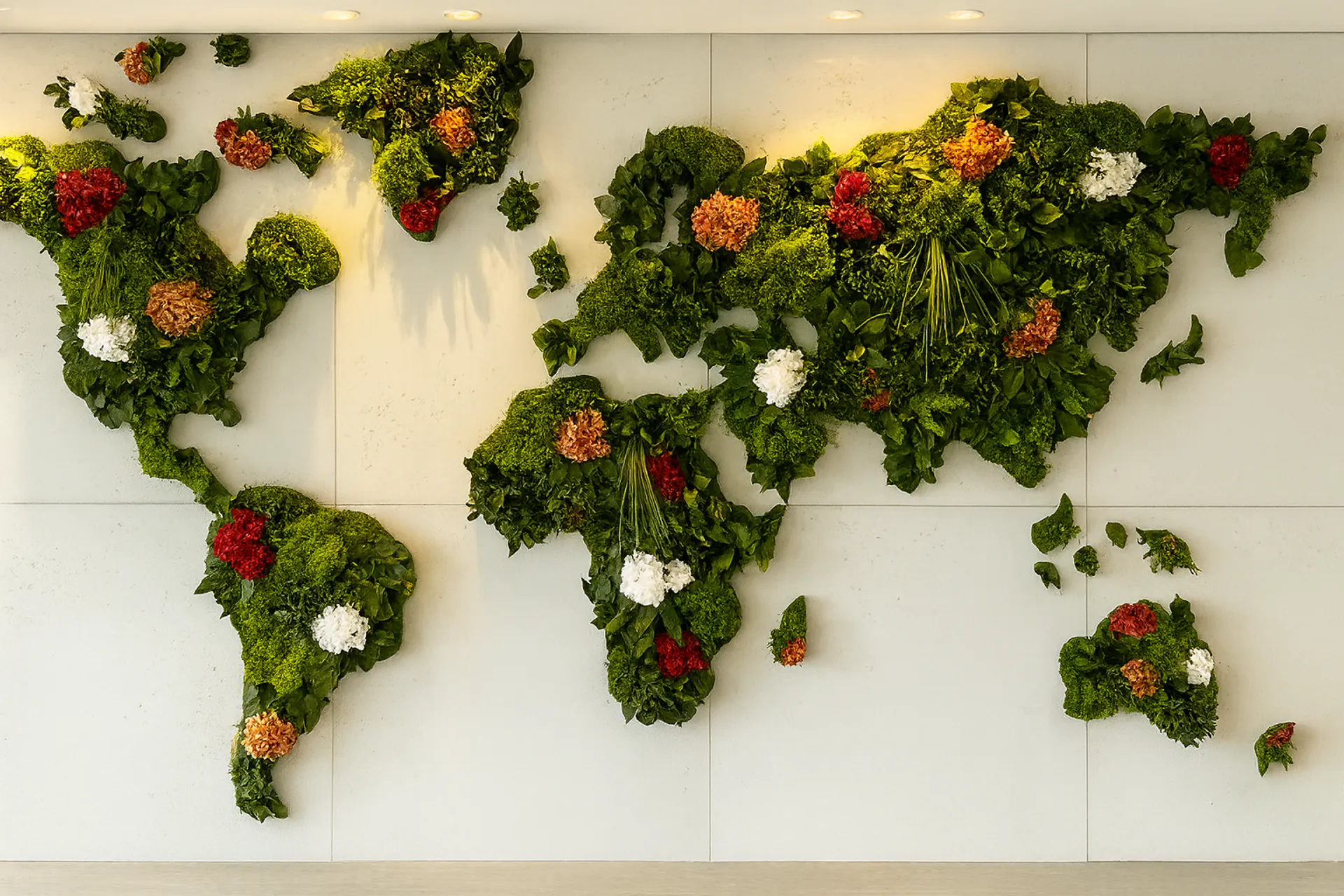 Installation « Botanical Sky » : carte du monde suspendue — végétalisation du plafond par MOOSMOOS