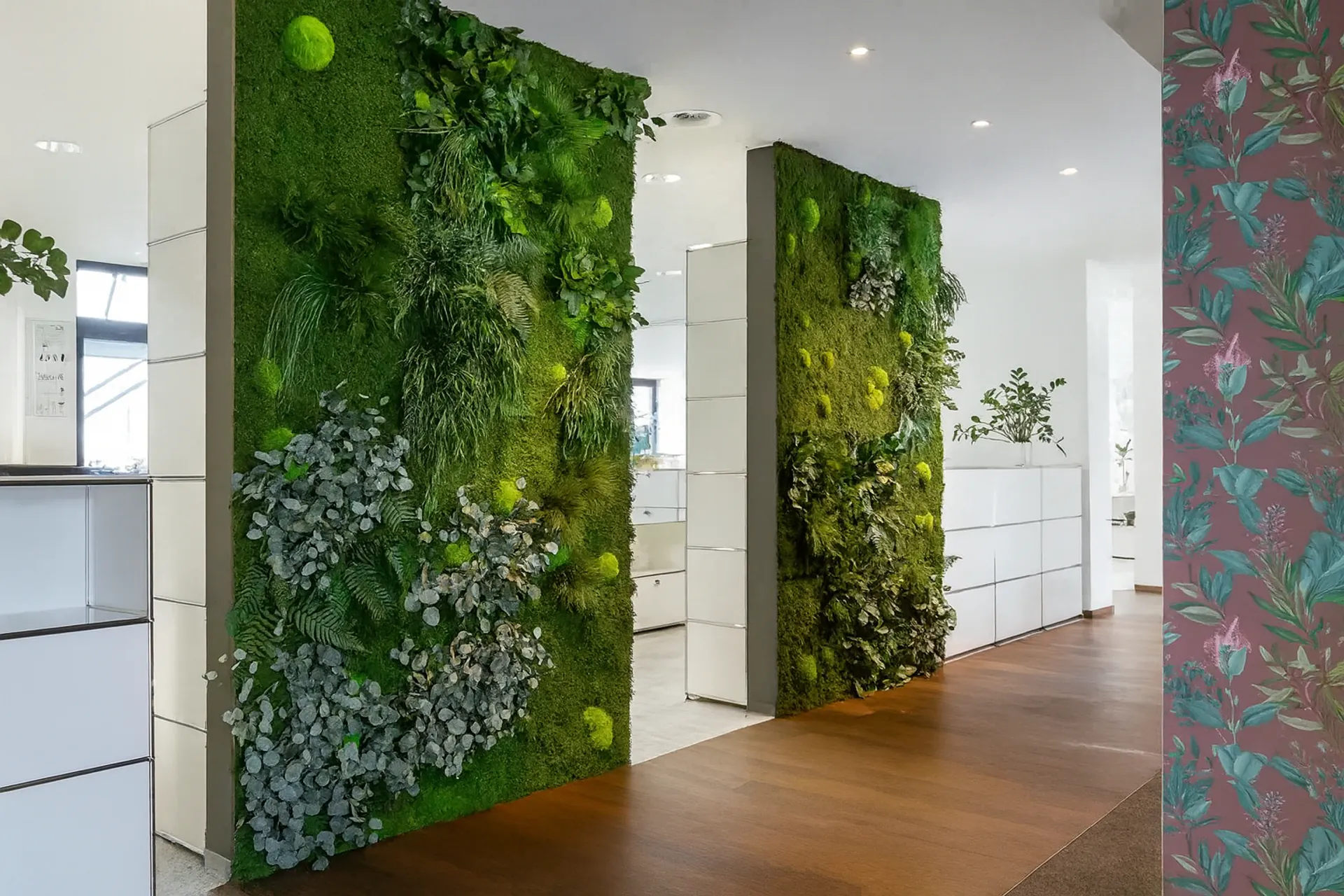 Mur en mousse dans un couloir de bureaux moderne — Aménagement végétal mural par MOOSMOOS