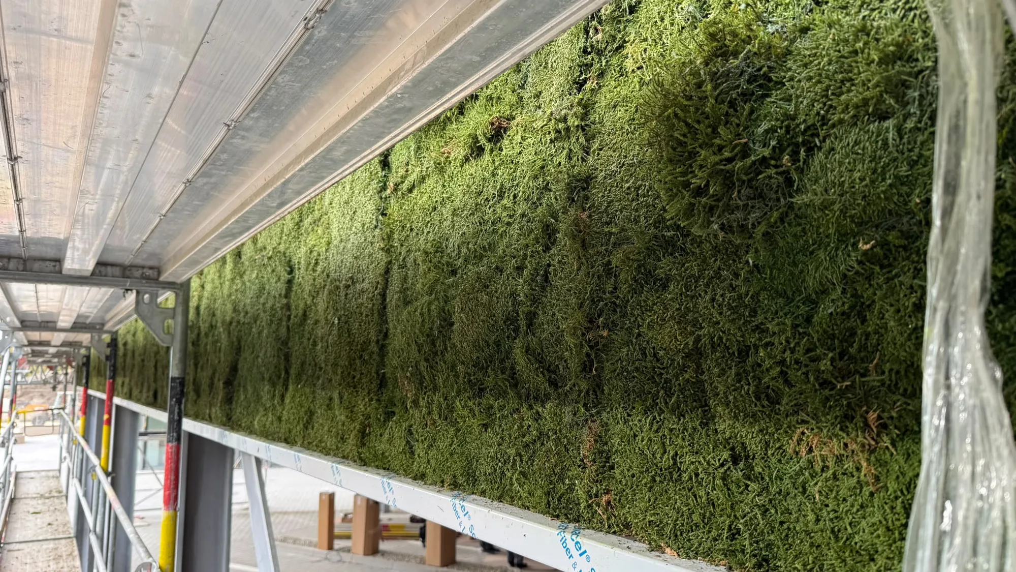 La surface recouverte de mousse vue de près — chaque bande a été posée à la main