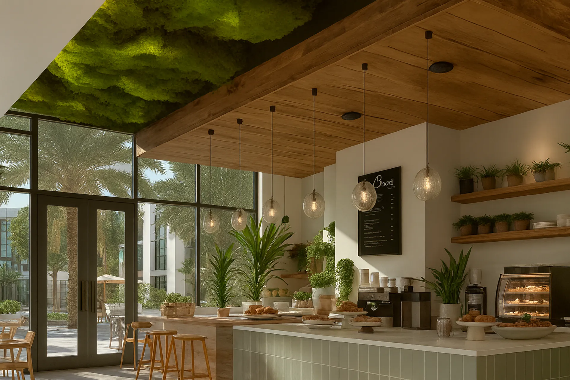 Botanical Sky Cafe : cuisine, plafond végétalisé — Végétalisation de plafond par MOOSMOOS