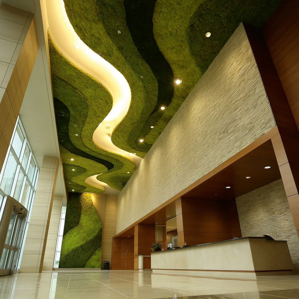 Végétalisation du plafond par MOOSMOOS — « Botanical Sky » au-dessus d’un hall d’accueil moderne
