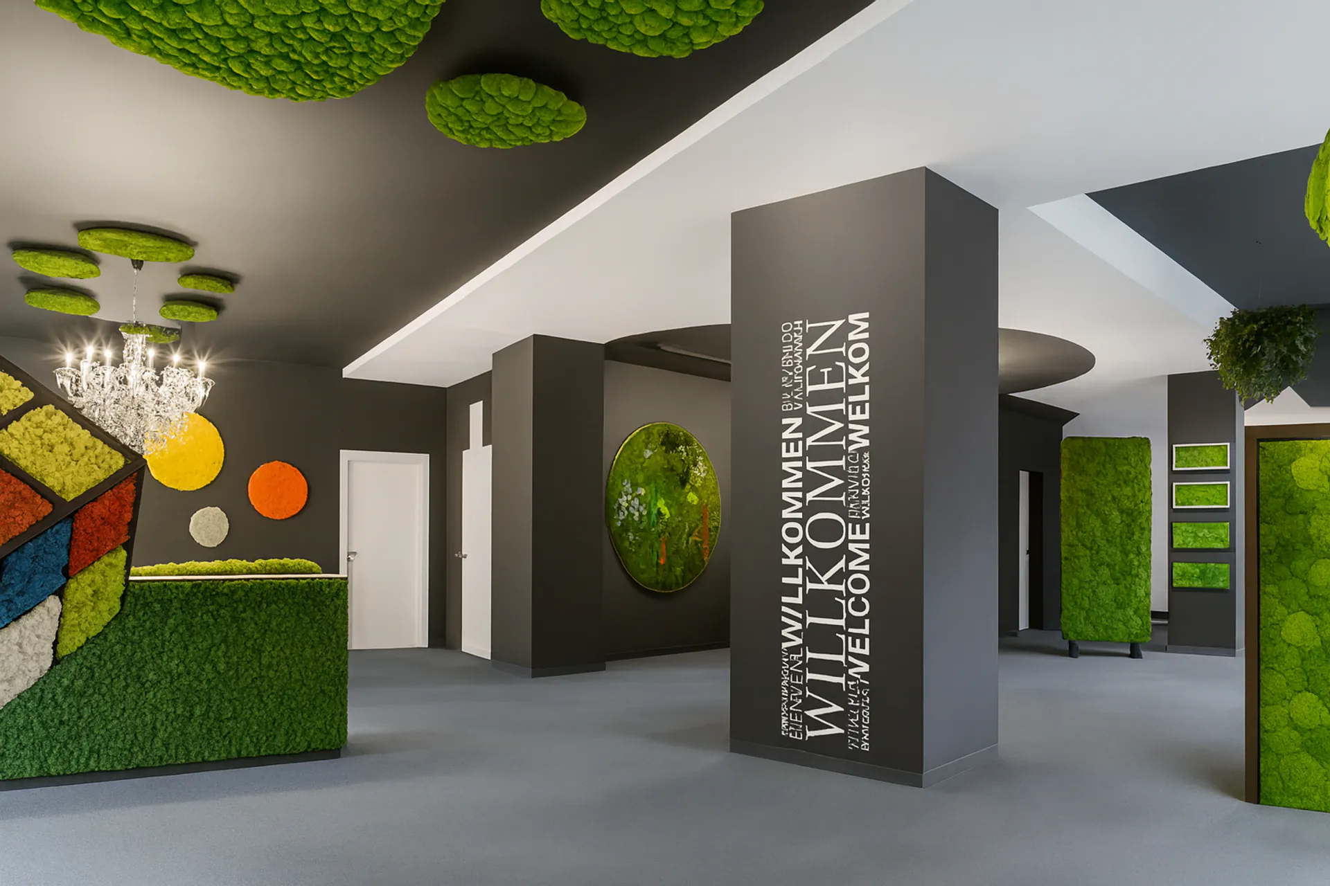 Showroom « plafond en mousse » : aménagement intérieur moderne — végétalisation des plafonds par MOOSMOOS
