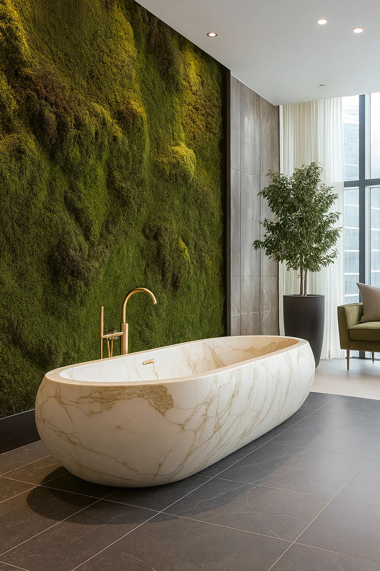 Mur en mousse dans la salle de bains d’un hôtel de luxe — Aménagement végétal mural par MOOSMOOS