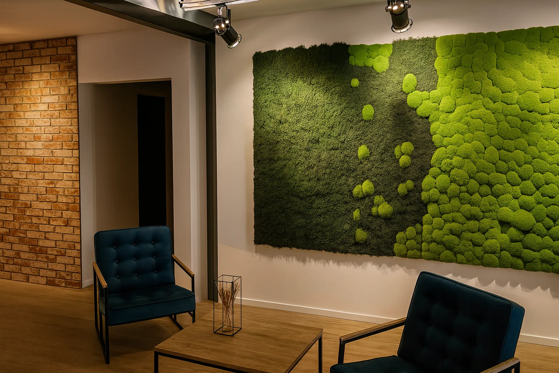 Mur en mousse pour bureau et réception, vert — Aménagement végétal mural par MOOSMOOS