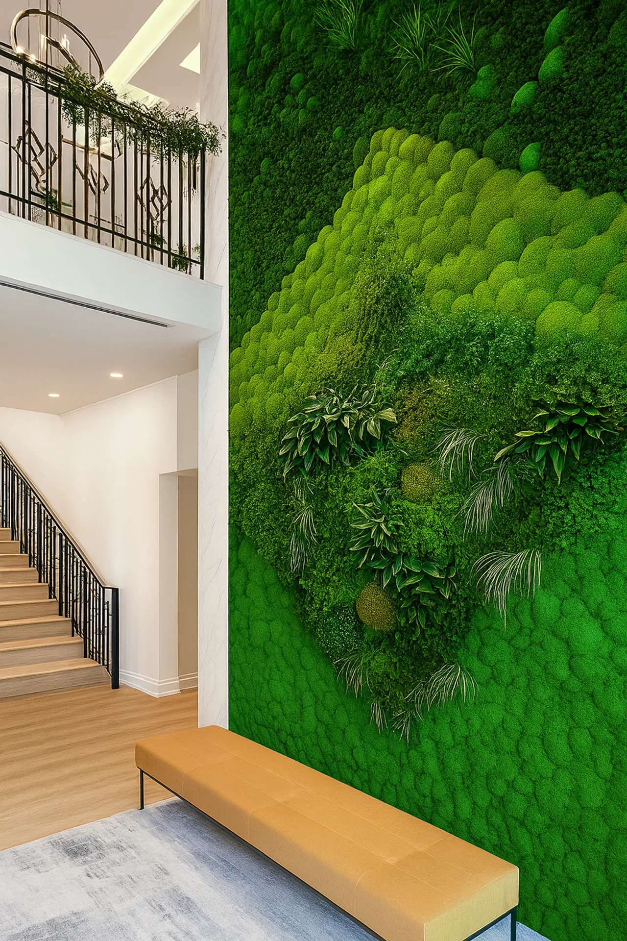 Mur en mousse dans le hall d’entrée d’un bureau moderne — Aménagement végétal mural par MOOSMOOS
