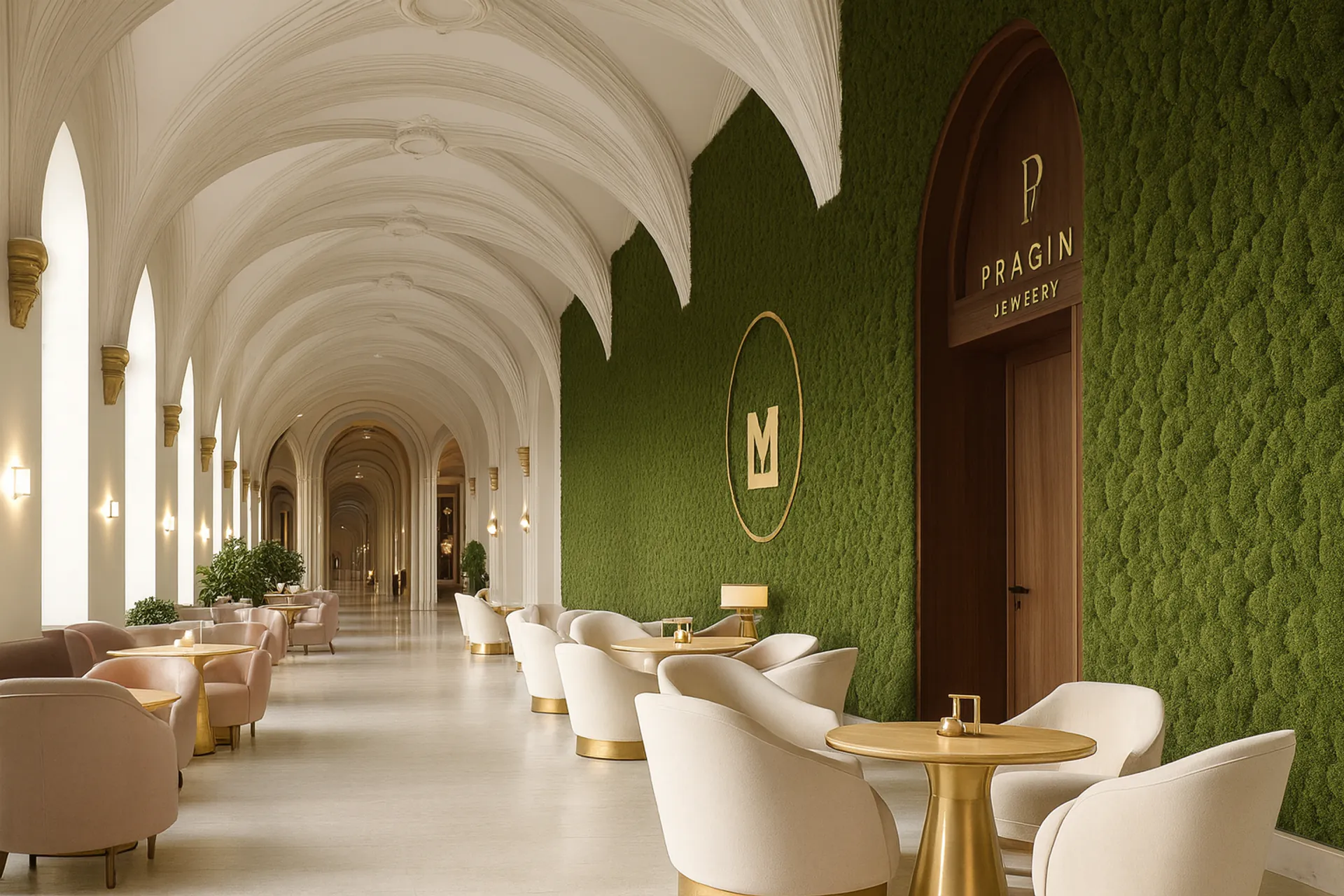 Mur en mousse « Luxe » : couloir et hall d’accueil d’hôtel — Aménagement végétal mural par MOOSMOOS
