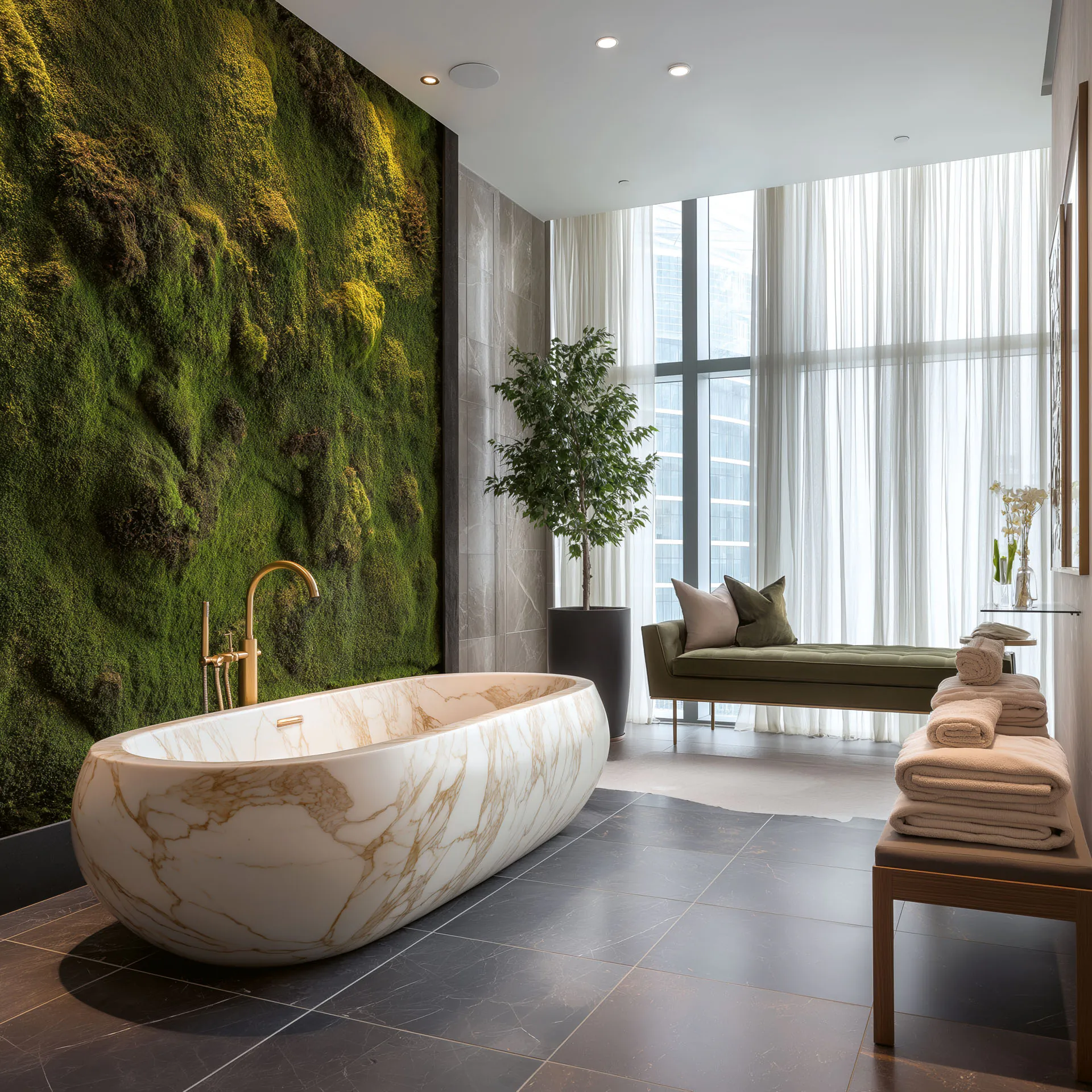 Salle de bains « mur en mousse Luxus Spa » — Aménagement végétal mural par MOOSMOOS