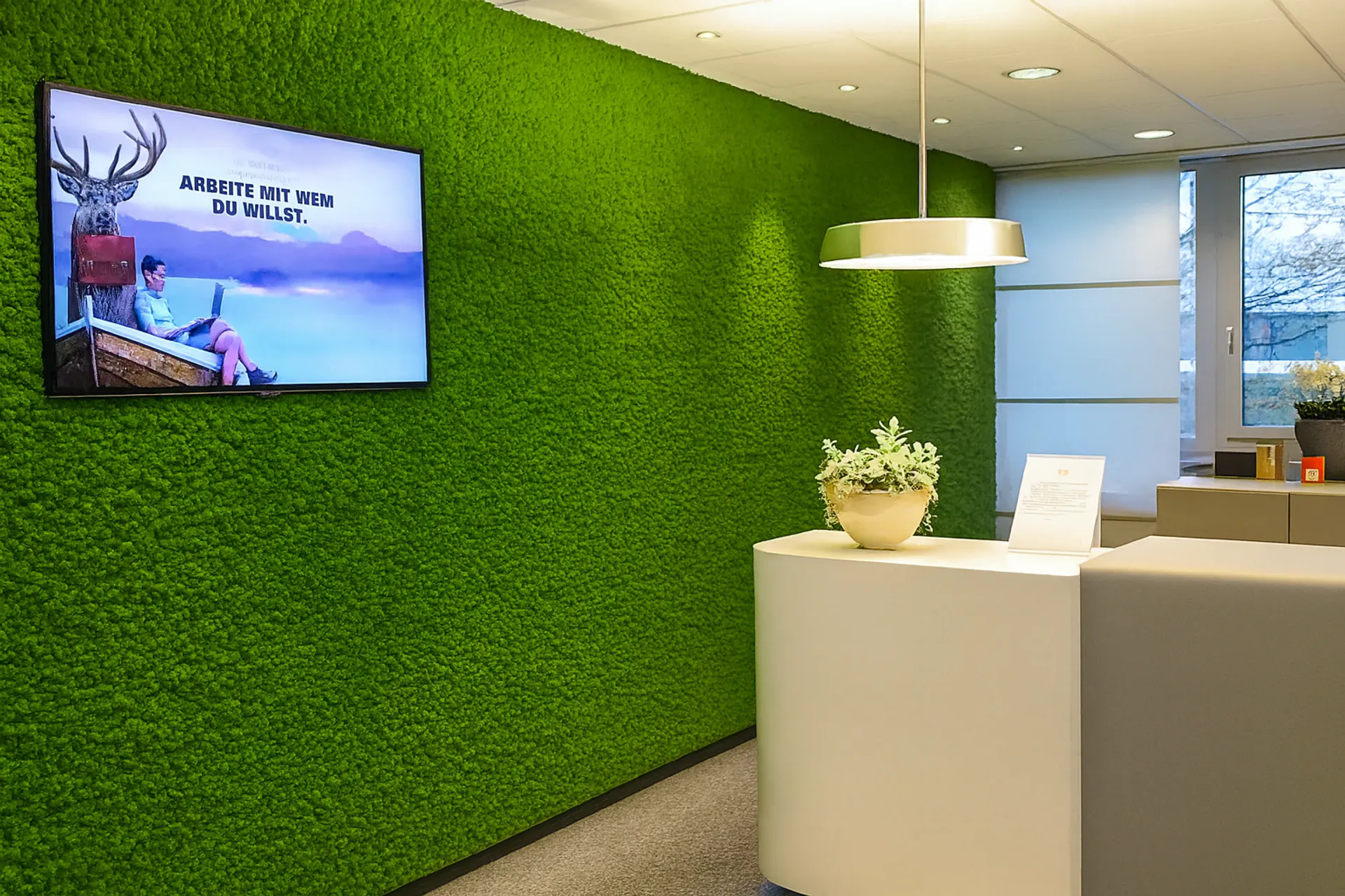 Mur en mousse pour une réception de bureau moderne — Aménagement végétal mural par MOOSMOOS