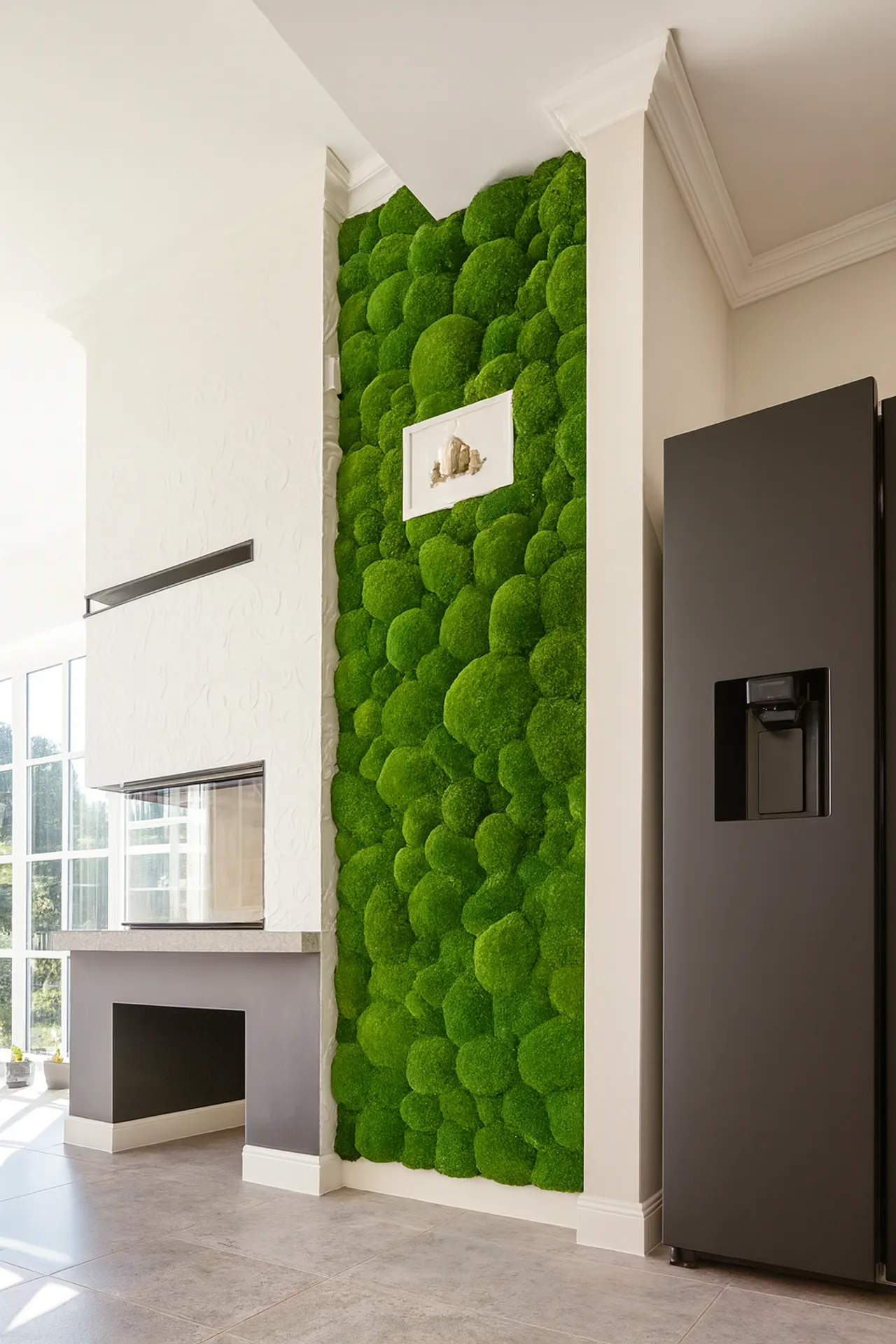 Mur en mousse – Cuisine moderne avec cheminée — Aménagement végétal mural par MOOSMOOS