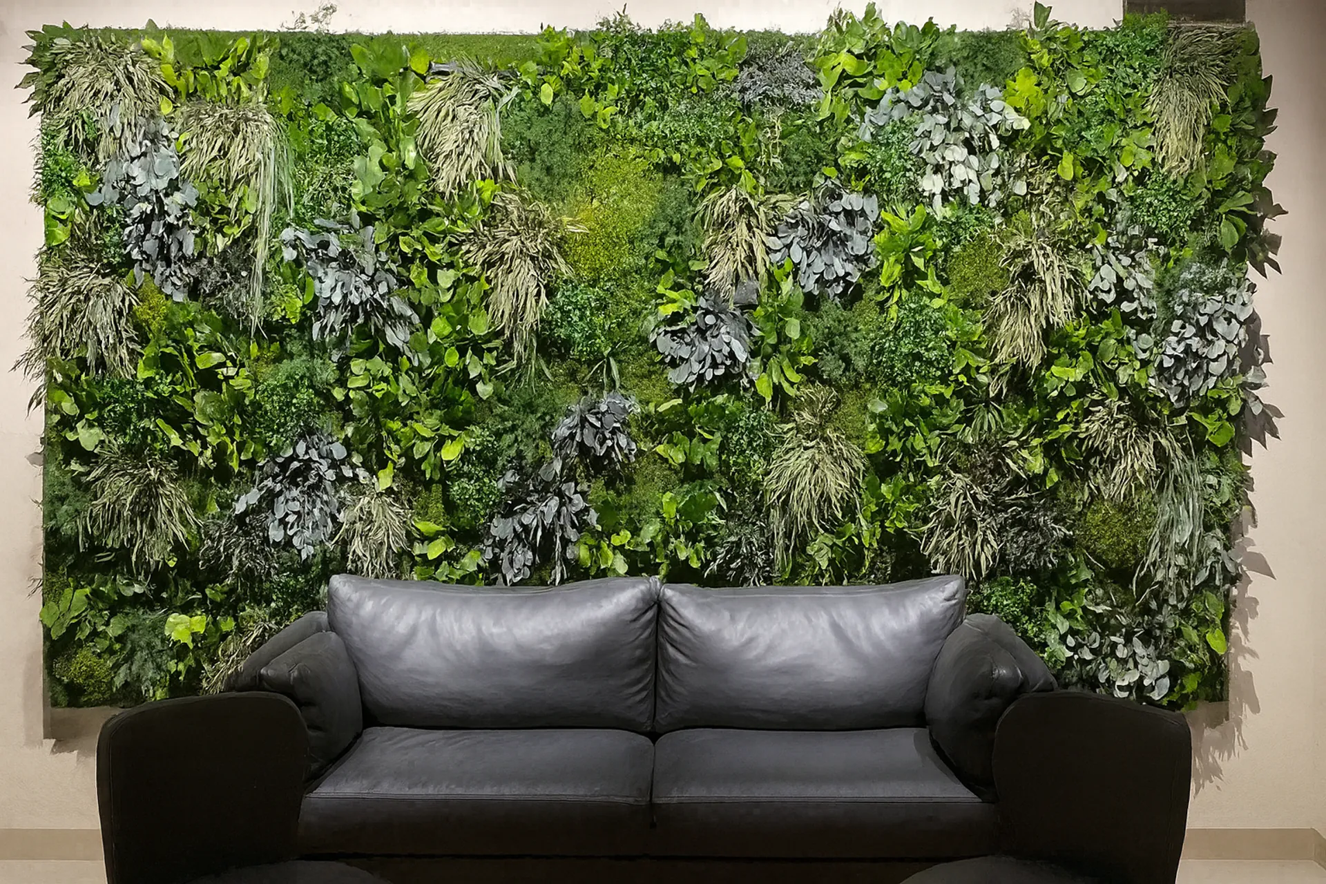 Mur en mousse « Moderne Lounge » avec canapé — Aménagement végétal mural par MOOSMOOS