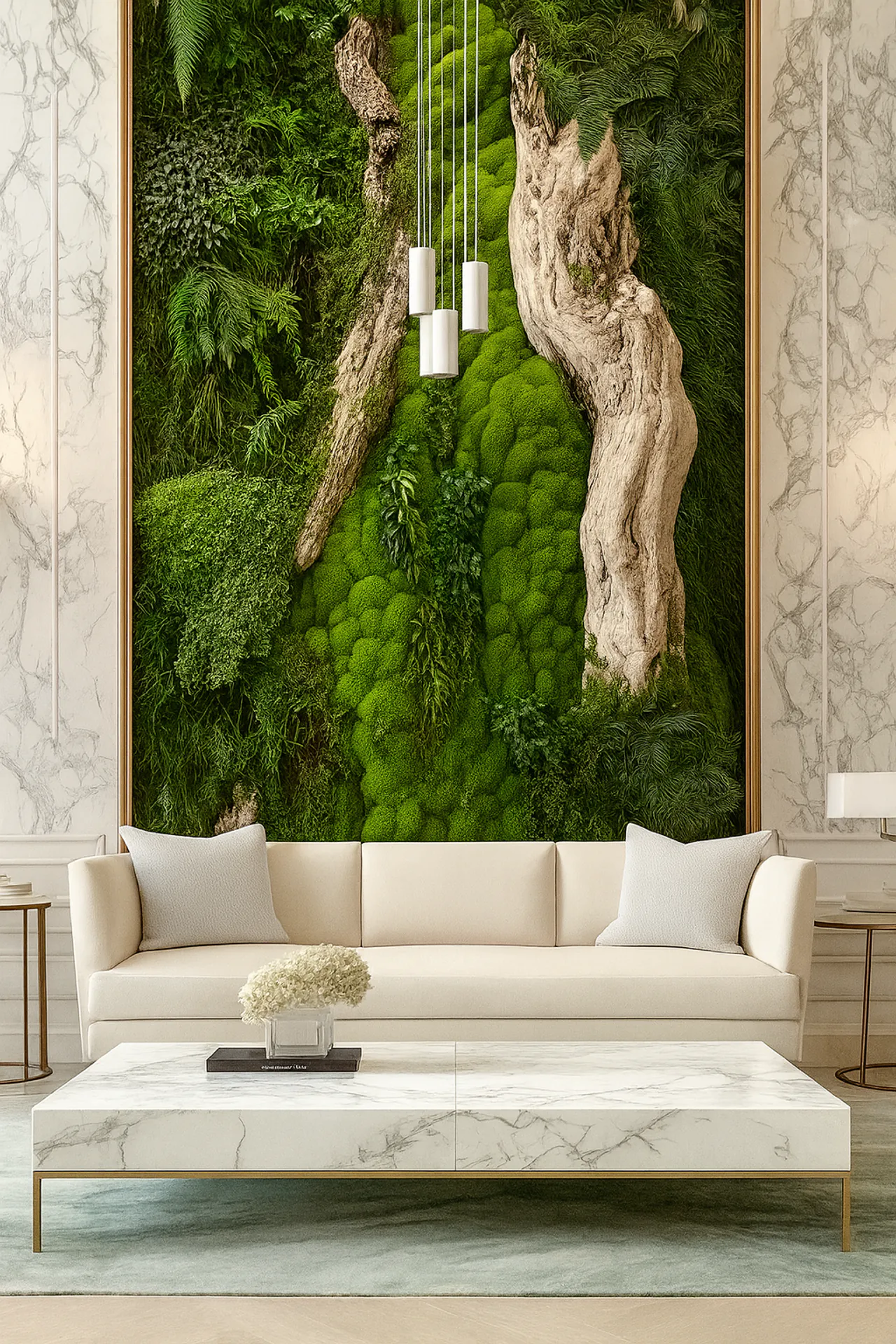 Mur en mousse « Modern Living Lounge » en tronc naturel — Aménagement végétal mural par MOOSMOOS
