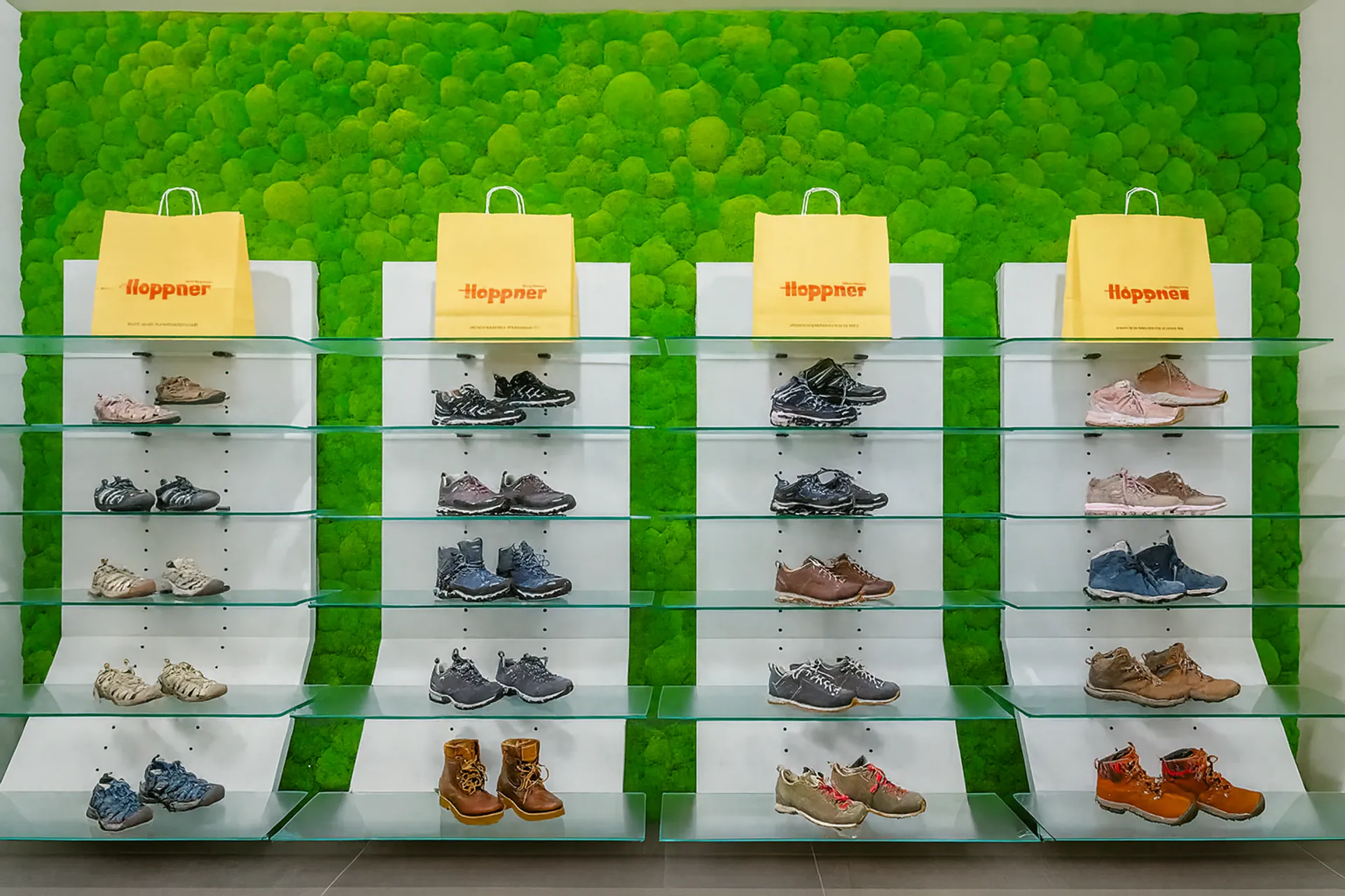 Un mur en mousse comme mur d’identification dans le magasin — un mur végétalisé derrière le présentoir de produits