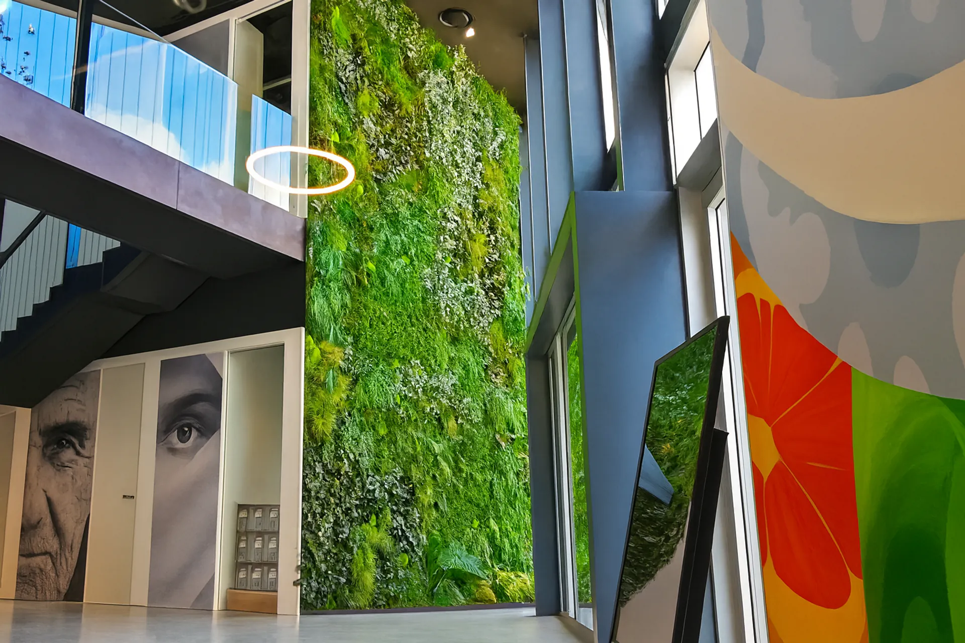 Showroom « mur en mousse » : installation artistique sur plusieurs étages — végétalisation murale par MOOSMOOS