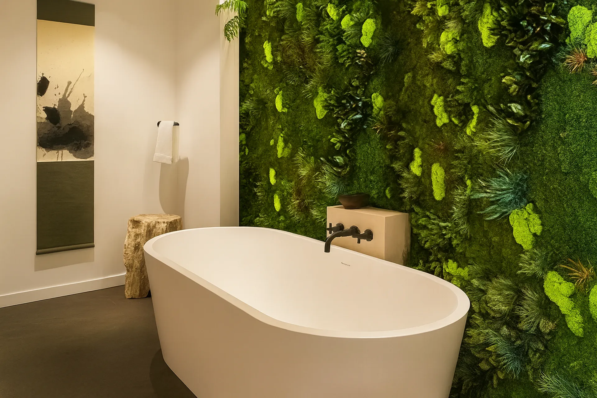 Mur en mousse : salle de bains bien-être de luxe — Aménagement végétal mural par MOOSMOOS