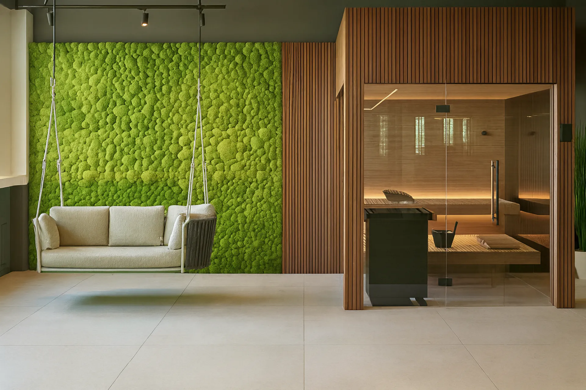 Mur en mousse dans l’espace d’accueil du sauna Wellness — Aménagement végétal mural par MOOSMOOS