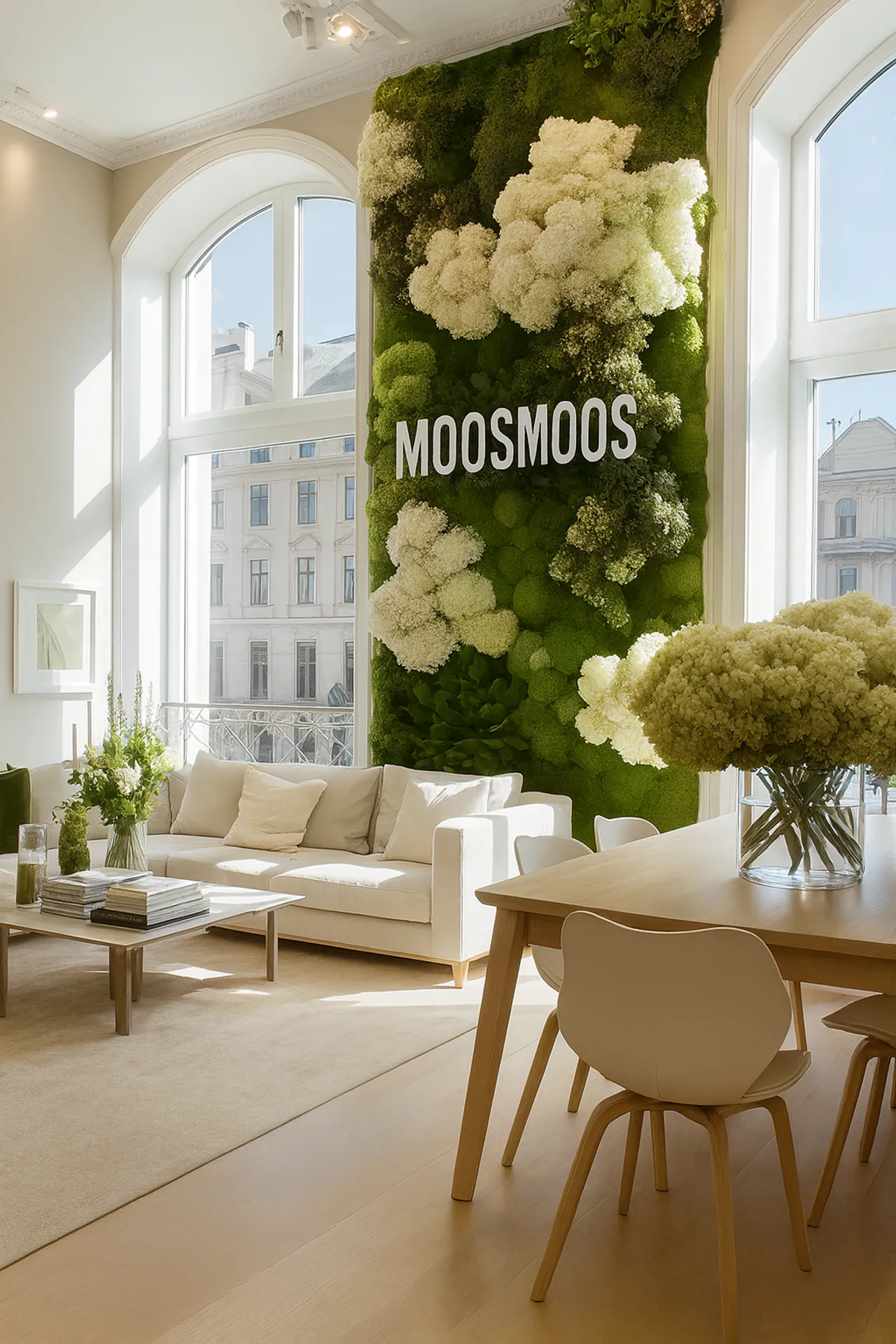 Mur en mousse pour salon, showroom moderne — Aménagement végétal mural par MOOSMOOS