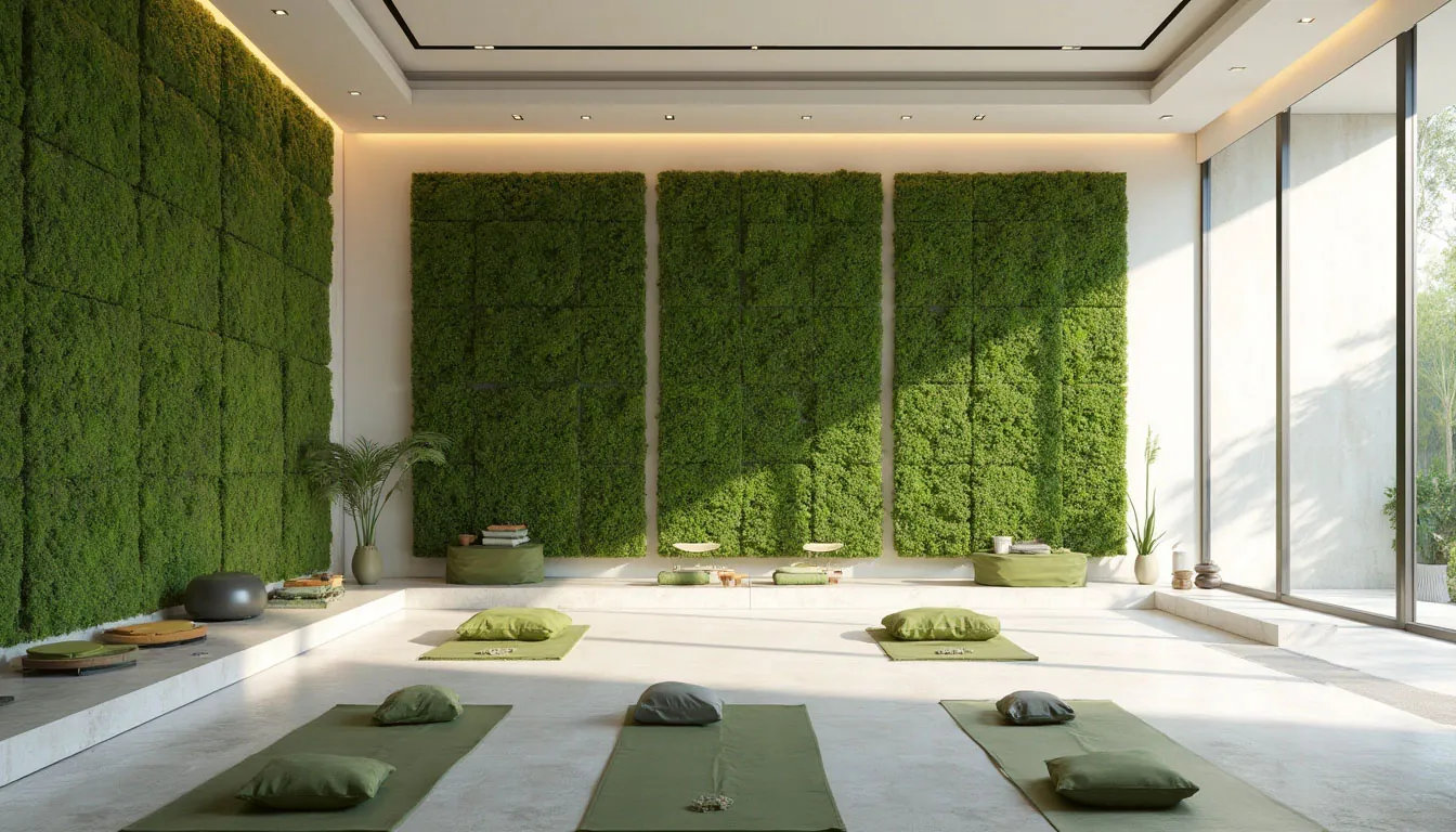Design biophilique avec un mur en mousse — Salle de méditation dans un studio de yoga