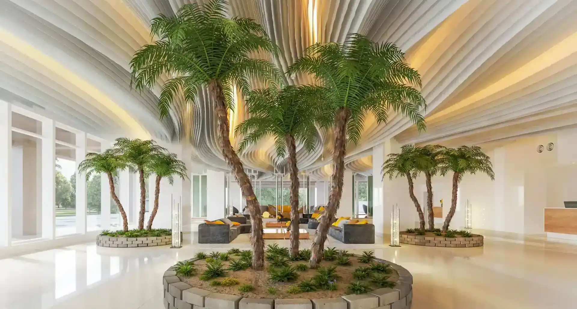 Un palmier artificiel XXL dans un hall d’entrée moderne — un palmier artificiel d’un réalisme saisissant signé ArtTree