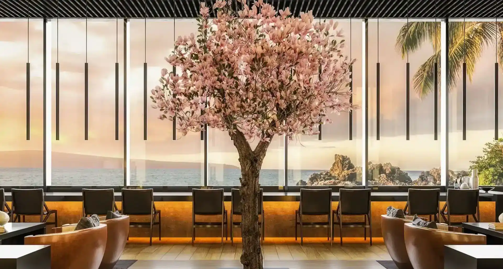 Fleurier de cerisier artificiel XXL dans un restaurant — Fleurier de la gamme ArtTree Special