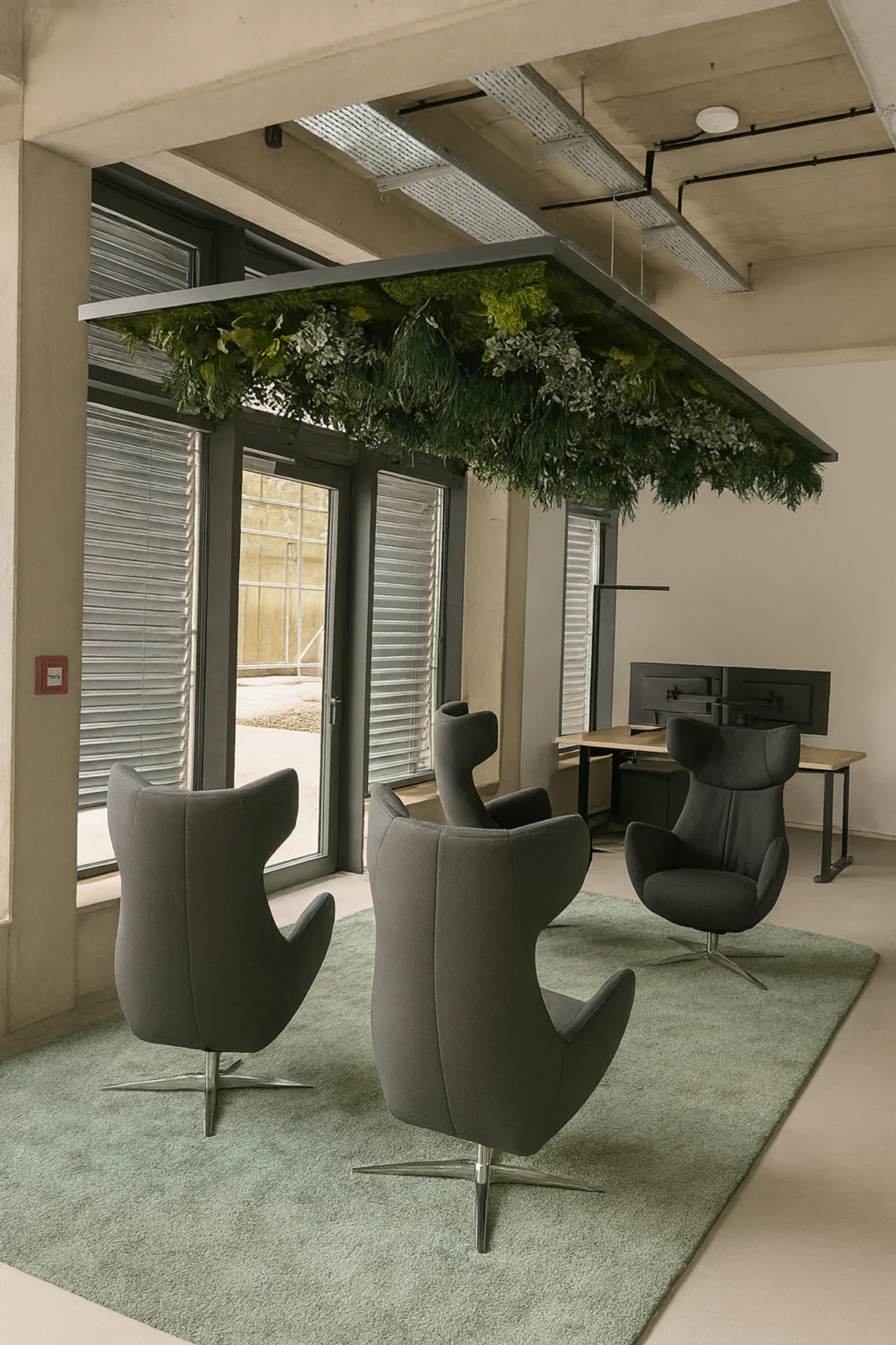 Espace lounge « Botanical Sky » au bureau — Plafond végétalisé par MOOSMOOS