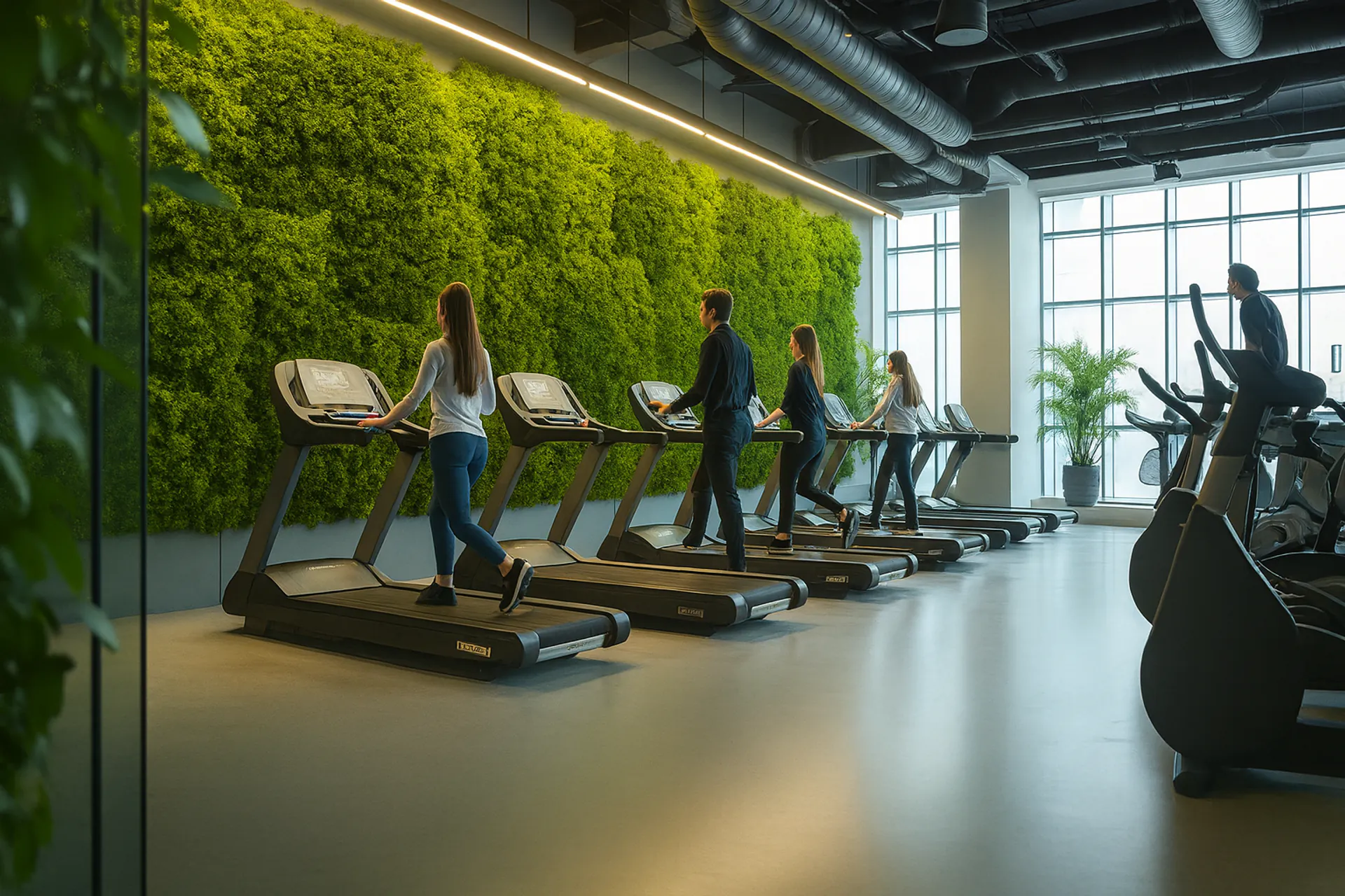 Mur en mousse dans une salle de sport, espace cardio — Aménagement végétal mural par MOOSMOOS