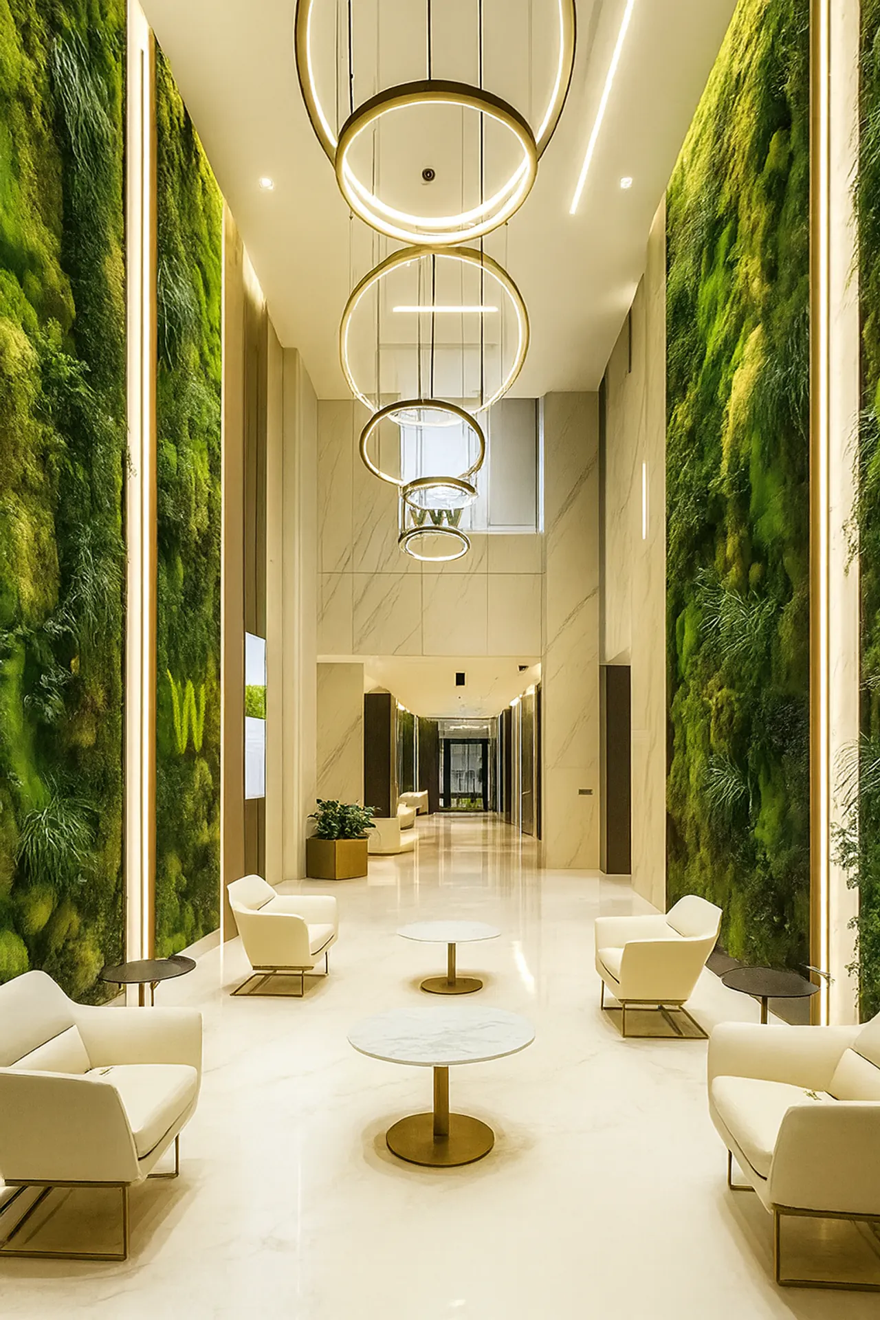 Mur en mousse dans le hall d’accueil moderne d’un hôtel — Aménagement végétal mural par MOOSMOOS