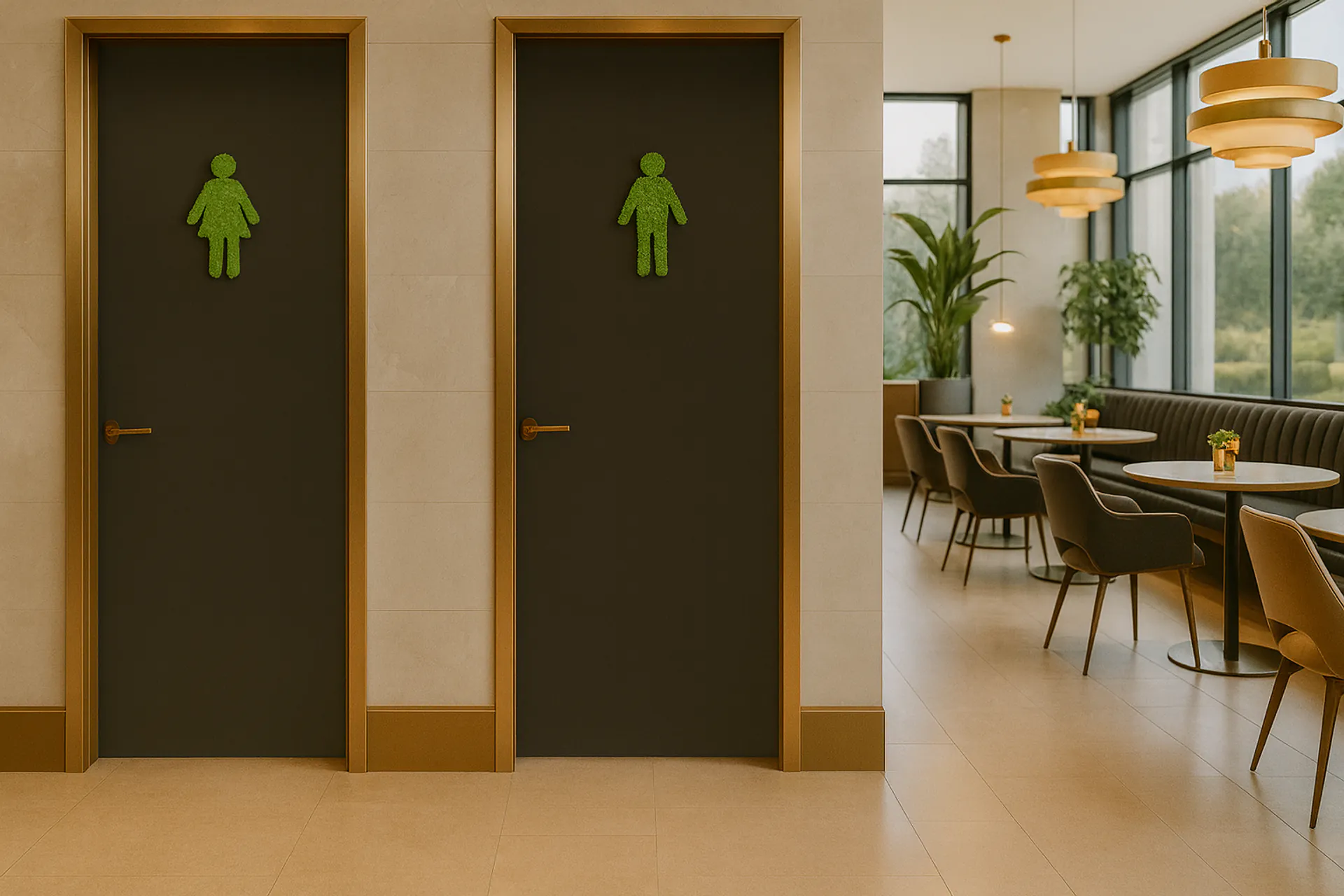 Mur en mousse dans les sanitaires modernes d’un bureau — Aménagement végétal mural par MOOSMOOS