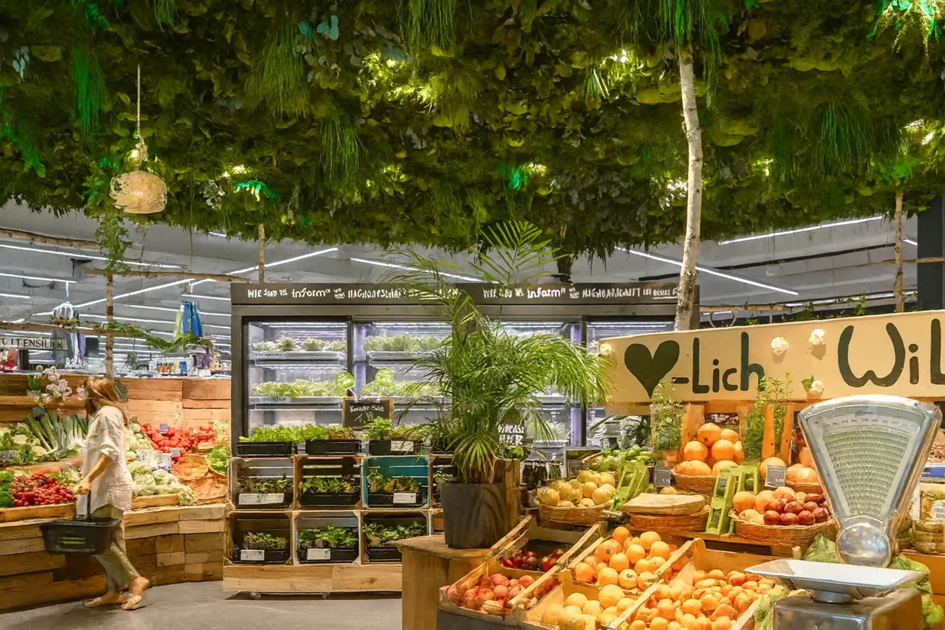 Végétalisation par mousse sans entretien dans le commerce de détail — Végétalisation des plafonds sans lumière naturelle
