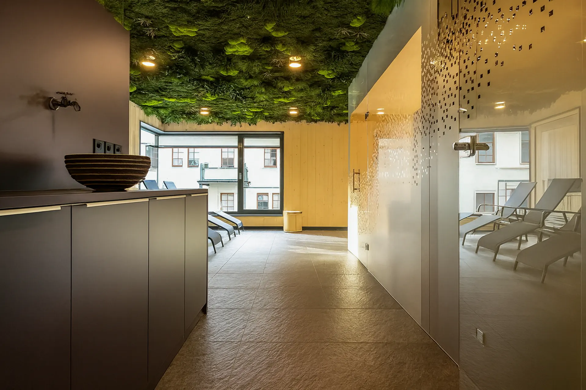 Accueil « Hanging Garden Wellness » avec végétalisation des plafonds par MOOSMOOS
