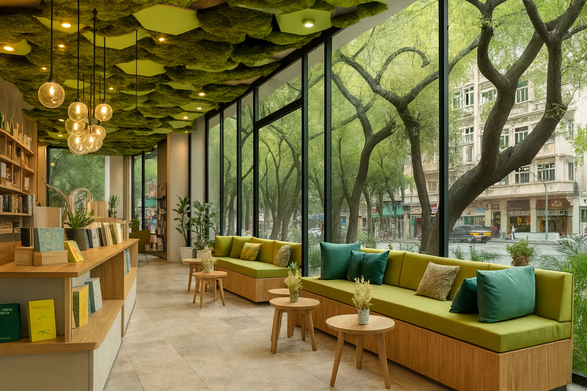 Plafond en mousse Lounge Librairie : couverture végétalisée moderne — Végétalisation de plafond par MOOSMOOS