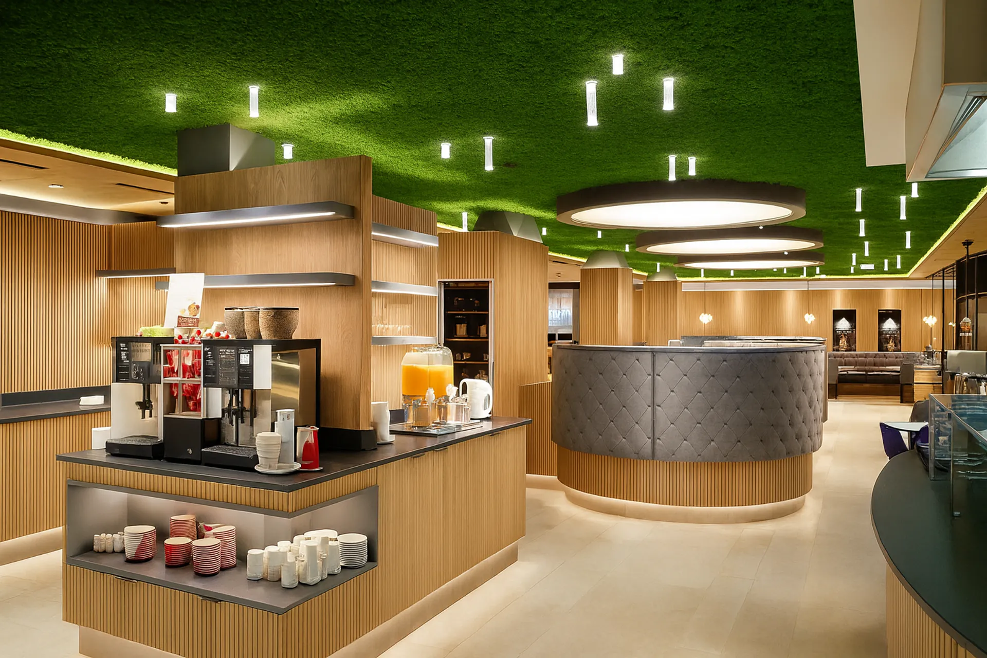 Plafond en mousse « Moosdecke » dans une cuisine d’exposition moderne — Végétalisation de plafond par MOOSMOOS