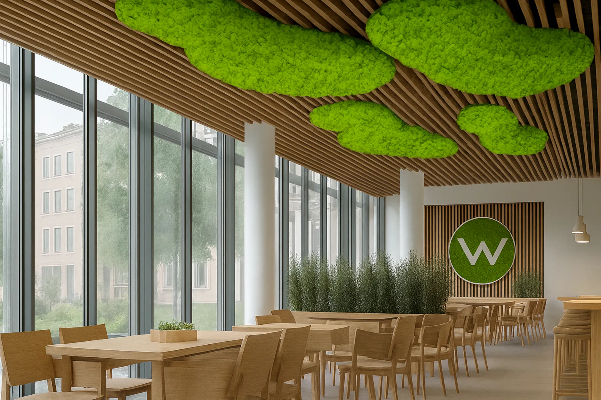 Restaurant « plafond en mousse » : végétalisation moderne des plafonds — Végétalisation des plafonds par MOOSMOOS