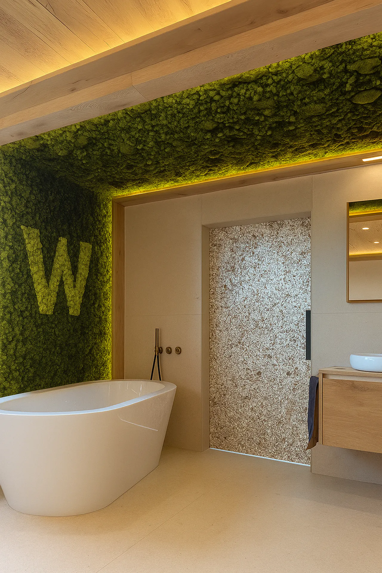 Mur en mousse pour salle de bains d’hôtel de luxe — Aménagement végétal mural par MOOSMOOS