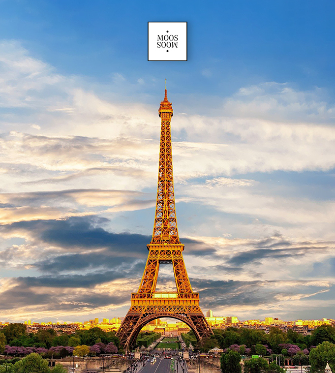 golden leuchtender Eiffelturm Paris mit Mooslogo als Ansichtsbild für Vertriebsjob in Frankreich